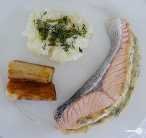 Poached salmon with caramelised leeks and mustard dill sauce ...
