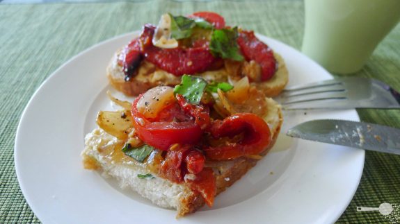 Quick roasted vegetable and goat cheese bruschetta