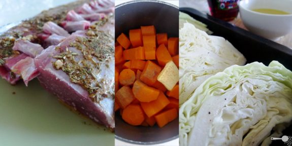Roasted lamb racks, maple roasted cabbage, carrot mash