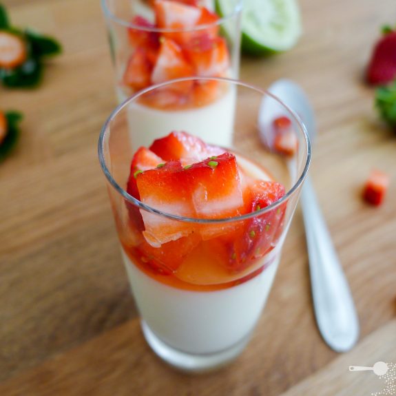 Kaffir Lime Panna Cotta with Lime Syrup and Fresh Strawberries