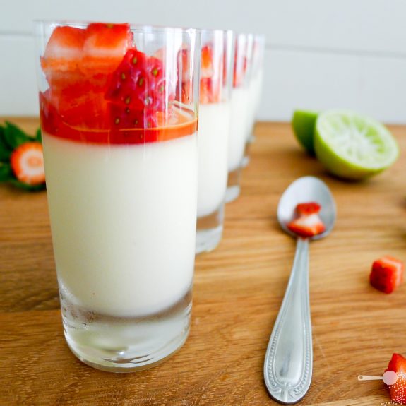 Kaffir Lime Panna Cotta with Lime Syrup and Fresh Strawberries