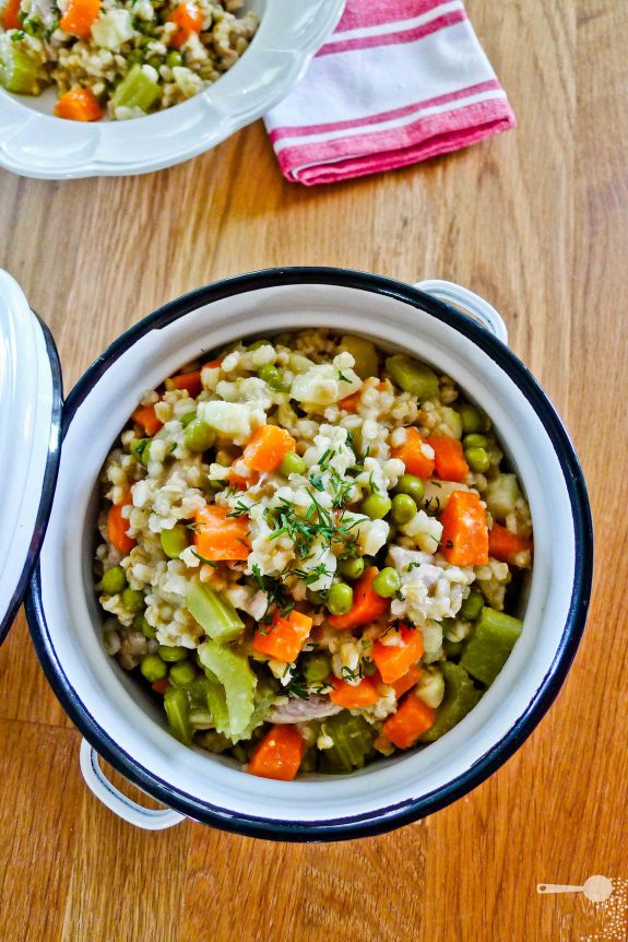 Pearl barley 'risotto' with vegetables and chicken