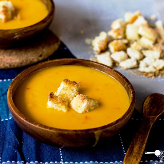 Pumpkin Soup with Coconut, Chilli + Garlic Croutons - Wholesome Cook