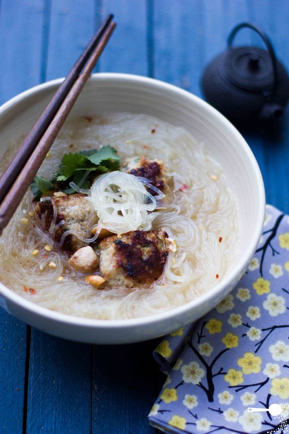 Eggless Pork Meatballs in Rice Noodle Soup