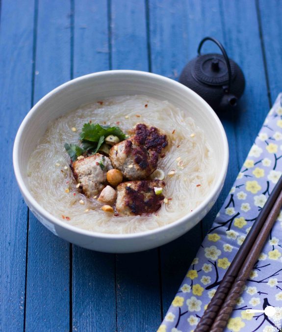 Eggless Pork Meatballs in Rice Noodle Soup - Wholesome Cook