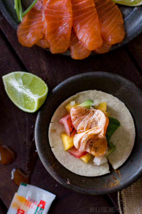Torched Salmon and Mango Tacos with Soft Corn Tortillas