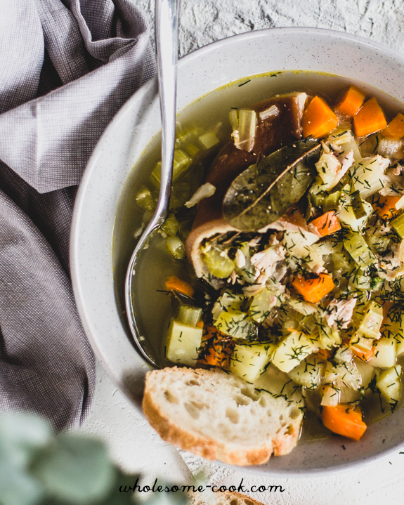 Vegetable, chicken and bacon rind soup