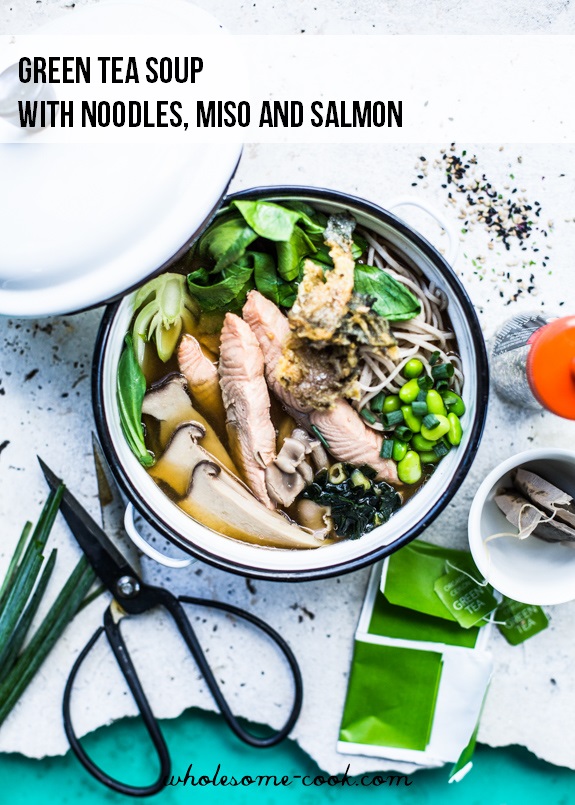 Japanese Green Tea Soup with Noodles, Miso and Salmon