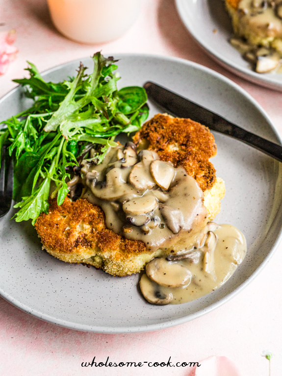 Vegan Mushroom Sauce and Cauliflower Schnitzel - Wholesome Cook